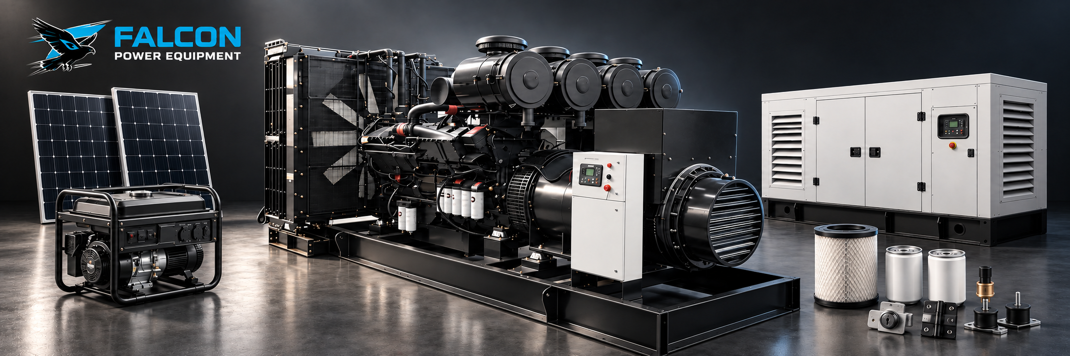 Falcon Power Equipment banner showing generator sets, a silent enclosure, filters, and parts